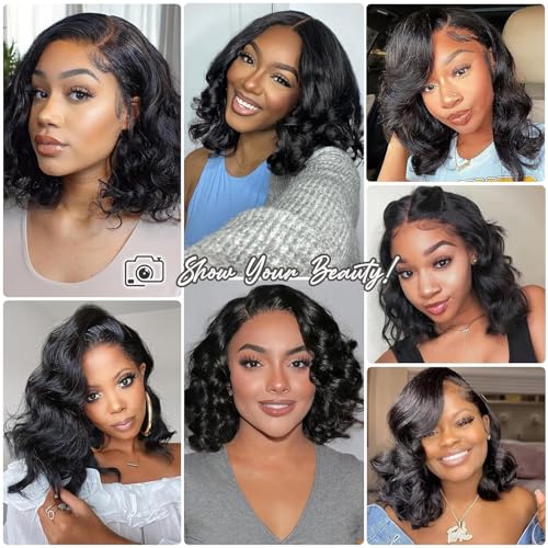 Body Wave 13x6 HD Lace Front Wigs Human Hair 200% Density Bob Wig Human Hair Pre Plucked Short Bob Wigs for Black Women Glueless Frontal Wig Human Hair Natural Black Loose Wavy 14 inch Bob Wig