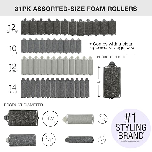 Conair Foam Hair Rollers - Heatless Curlers - Heatless Curls -Foam Rollers - Black & Gray - Assorted Sizes - 48 Count w/storage case