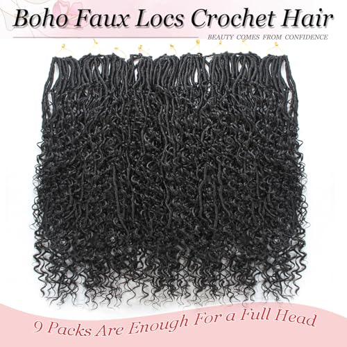 Boho Faux Locs Crochet Hair 9 Packs Long Goddess locs 24 Inch Boho Soft Locs With Curly Ends Pre Looped Bohemian River Loc Crochet Hair For Women (24 inch,1B)