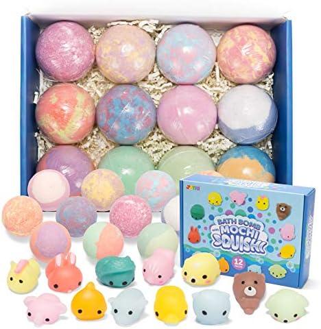 JOYIN Big Bath Bombs for Kids with Mochi Toy, 12 Pack Bubble Bath Bombs with Surprise Toy Inside, Natural Essential Oil SPA Bath Fizzies Set, Party Favors for Boys Girls Birthday Gifts