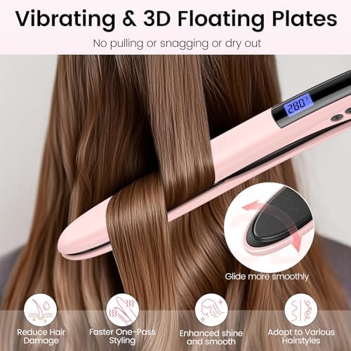 Brightup Tourmaline Ceramic Hair Straightener and Curler 2 in 1 with 1 Inch Vibrating Plates, Ionic Flat Iron with 10 Temp Control/Auto Shut Off, 20S Fast Heating for Smooth Long Lasting Results, Pink