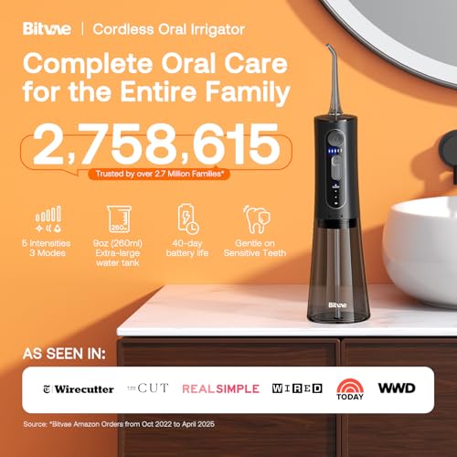 Bitvae Water Dental Flosser for Teeth, Cordless Water Teeth Cleaner Picks, 3 Modes 5 Intensities, IPX7 Waterproof, Rechargeable Water Dental Picks for Cleaning - Black