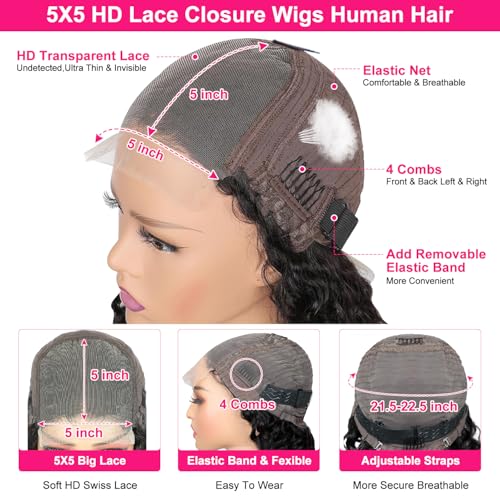 Brazilian Virgin 24 Inch 5x5 HD Lace Closure Deep Wave Wig - Human Hair, Glueless, Pre-Plucked, Deep Curly, 180% Density