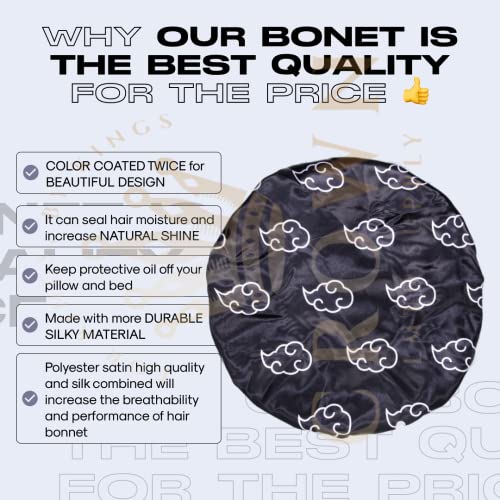 Anime Bonnet with Elastic Soft Band Adjustable Women and Men Silky Bonnets for Sleeping Comfortable Satin Fabric, Black Akat