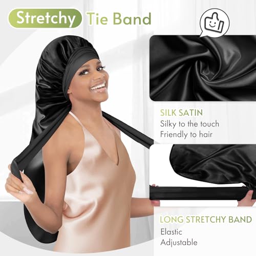 BONNET QUEEN Braid Bonnet Foldable Extra Long Bonnet for Braids Silk Bonnet Satin Bonnet with tie Band Hair Bonnet for Sleeping Night for Locs Black