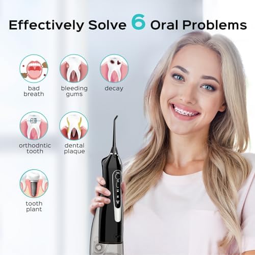 COSLUS Water Flosser Dental Pick: 300ML Oral Irrigator for Teeth Cleaning, Orthodontic, Braces & Sensitive Gums, Cordless Portable for Travel, IPX7 Waterproof, for Adults Teens Family Use, with 4 Tips