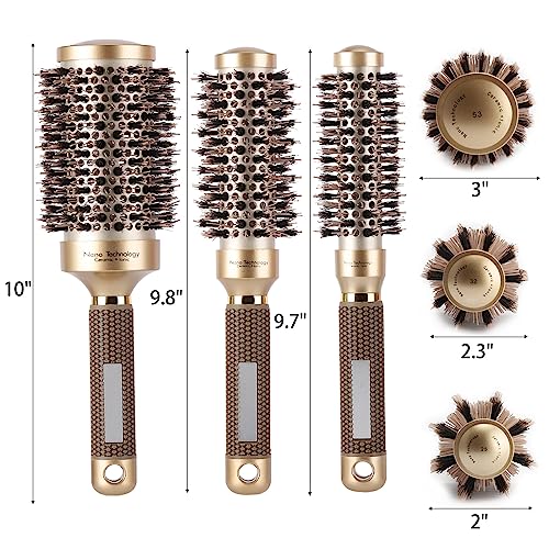 3 Pcs Boar Bristle Round Brush for Blow Drying, Nano Thermal Ceramic and Ionic Tech Hair Brush for Curling and Straightening - Large,Medium and Small Round Brushes