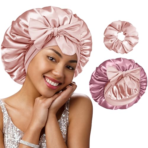 BONNET QUEEN Silk Bonnet for Sleeping Women HYALURONIC Acid Reversible Double Layer Satin Bonnet Night Sleep Cap Wrap for Curly Hair with Adjustable Tie Band & Scrunchie, Cream Pink & Rose Gold