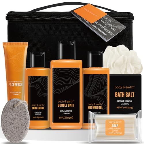 Body & Earth Gift Baskets for Men Bath Set Citrus Scented Bath and Body Gift Set with Body Lotion, Face Wash, Shower Gel, Bubble Bath, Loofah, Birthday Gifts