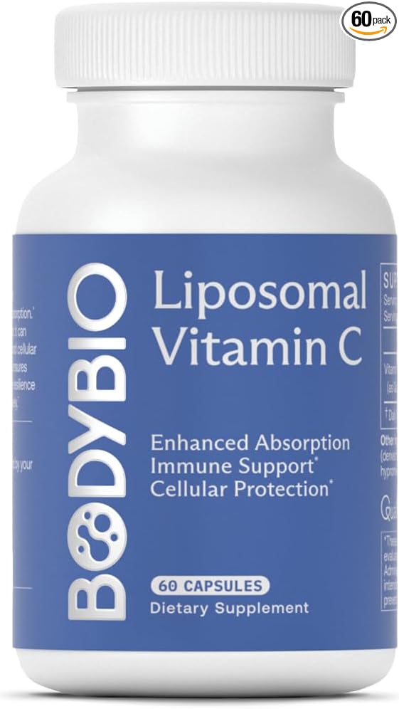 BodyBio Liposomal Vitamin C for Immune and Cell Support, Powerful Antioxidant, Pure Ascorbic Acid with Maximum Absorption - 60 Capsules
