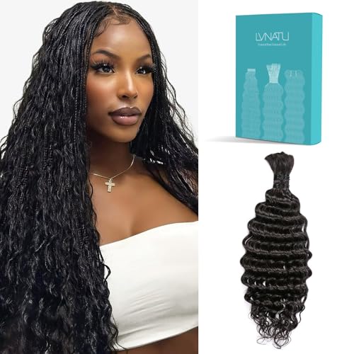 Boho Braids Human Hair for Bohemian Knotless Braids Braiding Hair Wet and Wavy Deep Wave Bulk No Weft 2 Bundles 100g 22 Inch Natural Black - Easy to Install for Salon/Home/Beginners