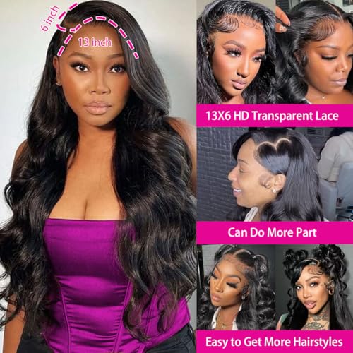 30 Inch Body Wave Lace Front Wigs Human Hair 220 Density Frontal Wigs Human Hair 13x6 Hd Lace Front Wigs Human Hair Pre Plucked Brazilian Virgin Hair Glueless Wig Body Wave Wig for Women Natural Black