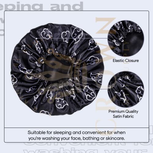 Anime Bonnet with Elastic Soft Band Adjustable Women and Men Silky Bonnets for Sleeping Comfortable Satin Fabric, Black Akat