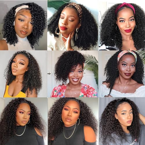 Headband Wig Human Hair Kinky Curly Headband Wigs for Black Women Human Hair Headband Wig Curly Human Hair Wigs Brazilian Virgin Hair Wear and Go Glueless Wig Natural Color 150% Density 14 Inch