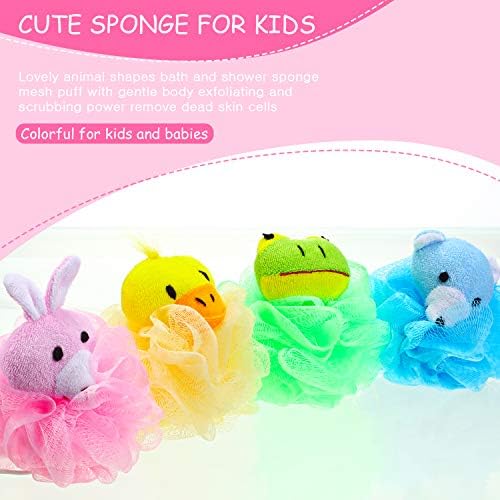 4 Pieces Animal Bath Sponge Cute Shower Sponge Colorful Cartoon Body Scrubber Balls Animal Pouf Loofahs Mesh with 4 Pieces Transparent Adhesive Hooks for Kids Adults Gifts