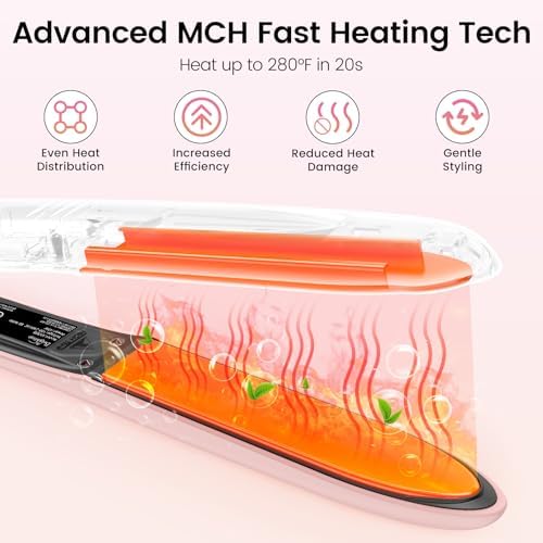 Brightup Tourmaline Ceramic Hair Straightener and Curler 2 in 1 with 1 Inch Vibrating Plates, Ionic Flat Iron with 10 Temp Control/Auto Shut Off, 20S Fast Heating for Smooth Long Lasting Results, Pink