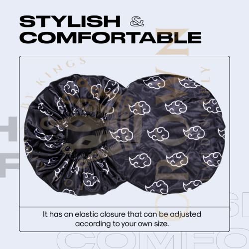Anime Bonnet with Elastic Soft Band Adjustable Women and Men Silky Bonnets for Sleeping Comfortable Satin Fabric, Black Akat