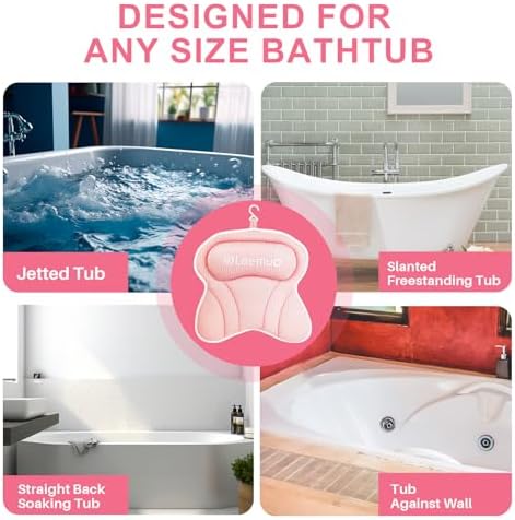 Bath Pillows for Tub, Bath Pillow Luxury Bathtub Pillow, Comfy Bath Tub Pillow for Bathtub for Head and Neck with Non-Slip Suction Cups for Tub, Relaxing Bath Accessories Spa Gifts-Pink