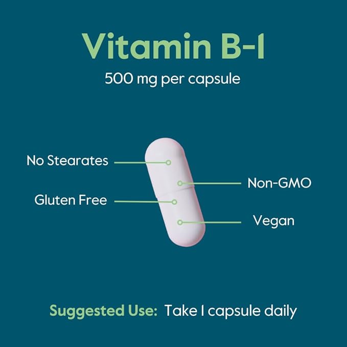BESTVITE Vitamin B-1 (Thiamin) 500mg (120 Vegetarian Capsules) - No Stearates - Vegan - No Calcium Carbonate - Non GMO - Gluten Free - No Silicon Dioxide