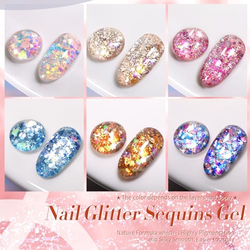 Born Pretty Glitter Sequins Gel Nail Polish, Sparkle Shiny Gel Polish, Pink Blue Gold Platinum Holiday Gift Gel Polish Design, Nail Art Starter Manicure Salon DIY at Home 7ML 6PCS