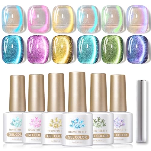 Born Pretty Cat Magnetic Eye Gel Nail Polish Aurora Mermaid Blue Purple Pink Yellow Red Gel Polish Glass Holographic Glitter Gel Nail Polish for Nail Art Manicure Salon DIY 6PCS 7ML