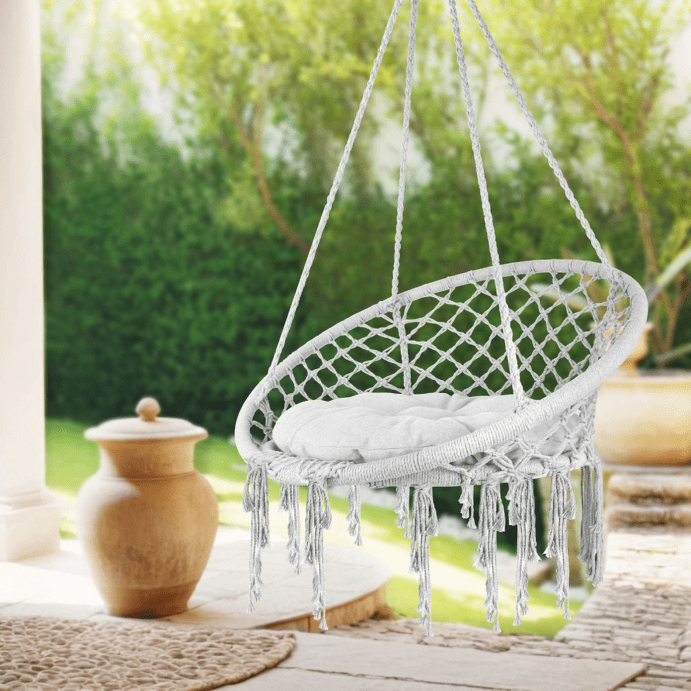 Gray Hanging Chair, Gentle Support Cushion, Breathable Seat, Rust-Resistant Steel, Lightweight 11.7 lbs, Hanging Cotton Rope Chair, Kids Room, Bedroom, Courtyard, Lawn
