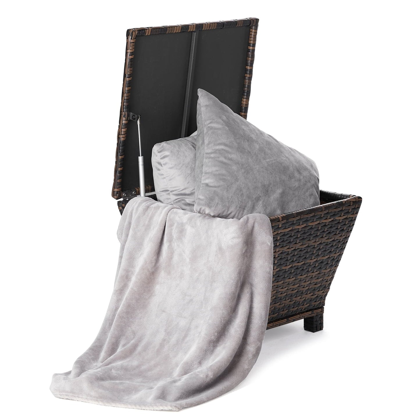 Buytoshop Outdoor PE Wicker Side Table with Storage, Small Patio Storage Bin Container for Hose Cushion Towel, Brown