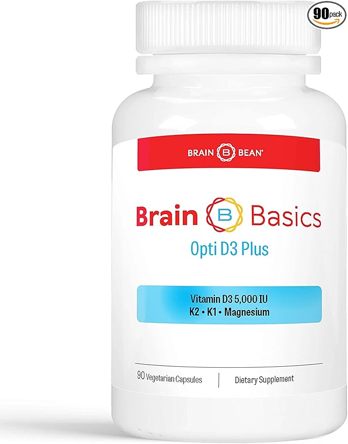 Brain Basics Opti D3 Plus | Vitamin D3 K2 5,000IU, Vitamin K1, and Magnesium | 90 Servings