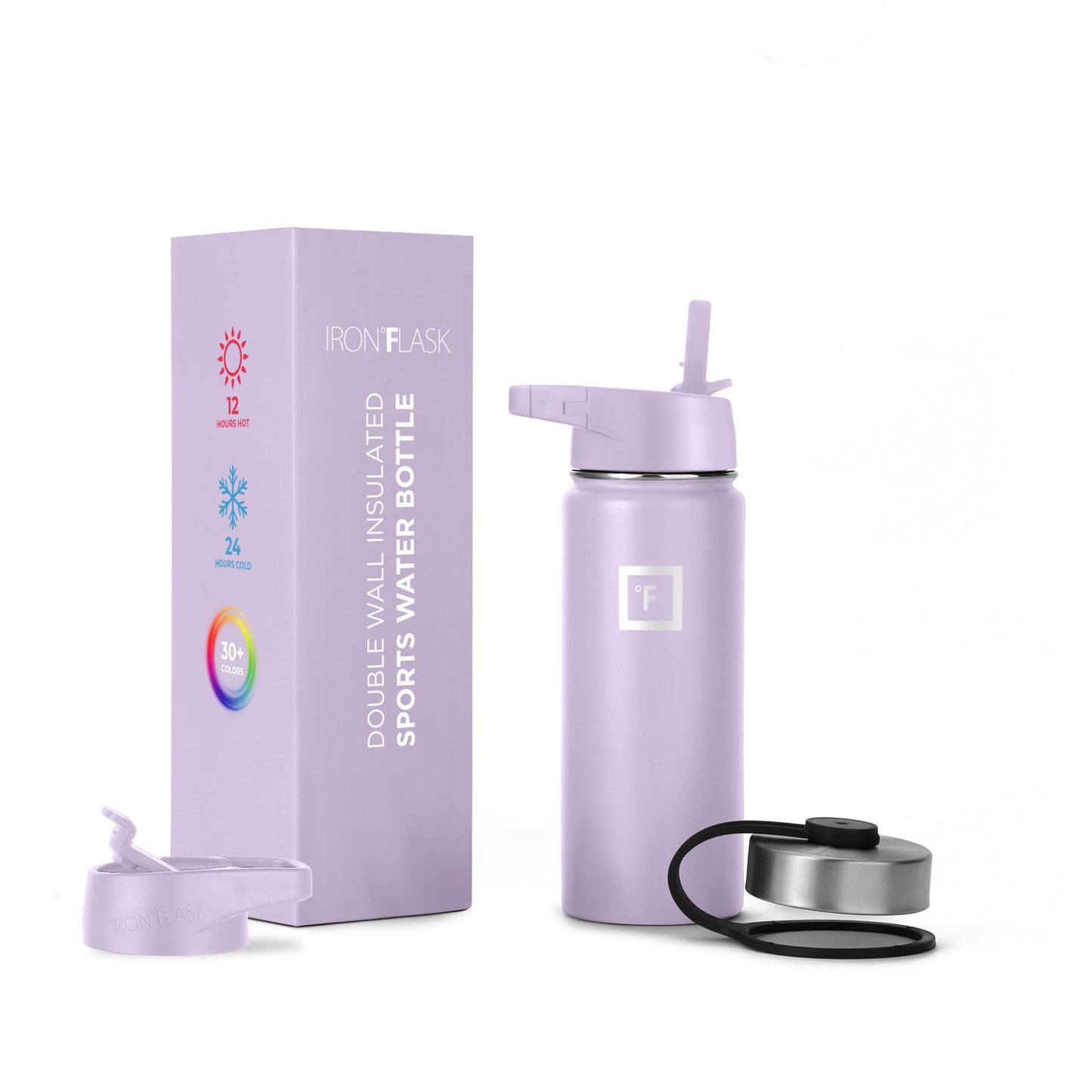 IRON °FLASK Camping & Hiking Hydration Flask, Wide Mouth, 3 Straw Lids, Stainless Steel Outdoor Water Bottle, Double Walled, Insulated Thermos, Metal Canteen - Lavender, 18 Oz