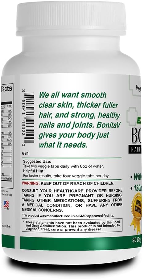 Bonita V Vegan Hair Nails and Skin Vitamins for Women - 20 Active Ingredients Including Biotin - Stronger Nails, Healthy Skin, Hair Growth - 180 EZ-TAB Veggie Tablets