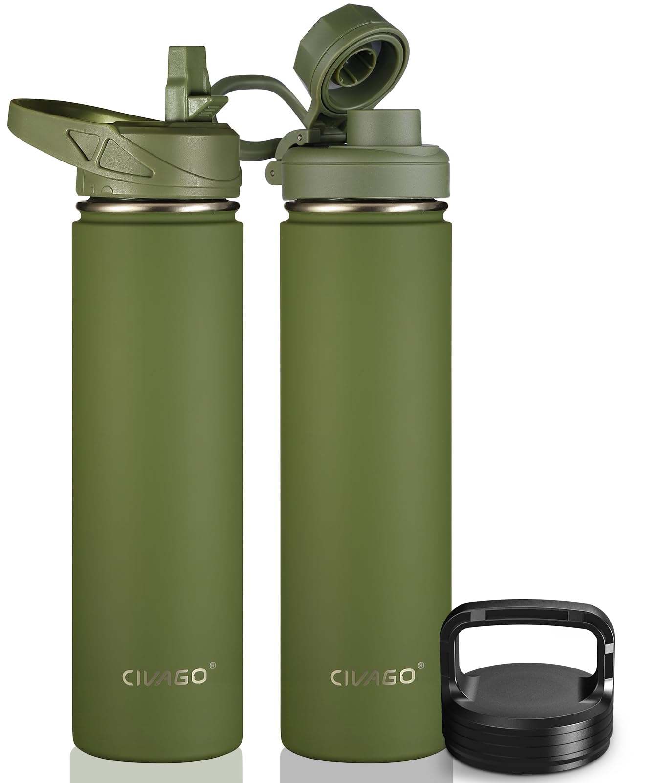 CIVAGO 24 oz Insulated Water Bottle With Straw, Stainless Steel Sports Water Flask Cup with 3 Lids (Straw, Spout and Handle Lid), Double Walled Travel Thermal Canteen Mug, Army Green