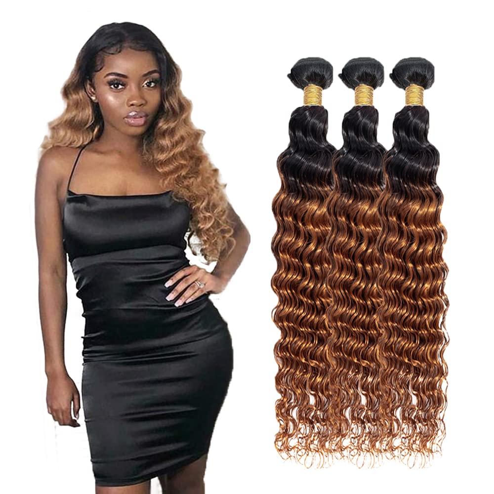 Brown Ombre Deep Wave Bundle 1b/30 Human Hair Bundle 8A Light Brown Human Hair Bundles Brown Deep Wave 3 Bundle 8 8 8 Inch 8A Brazilian Virgin Ombre Loose Deep Wave Bunlde