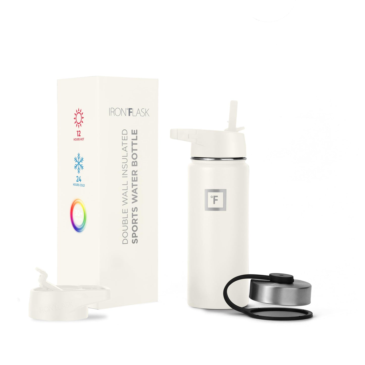 IRON °FLASK Camping & Hiking Hydration Flask, Wide Mouth, 3 Straw Lids, Stainless Steel Outdoor Water Bottle, Double Walled, Insulated Thermos, Metal Canteen - Cashmere Cream, 18 Oz