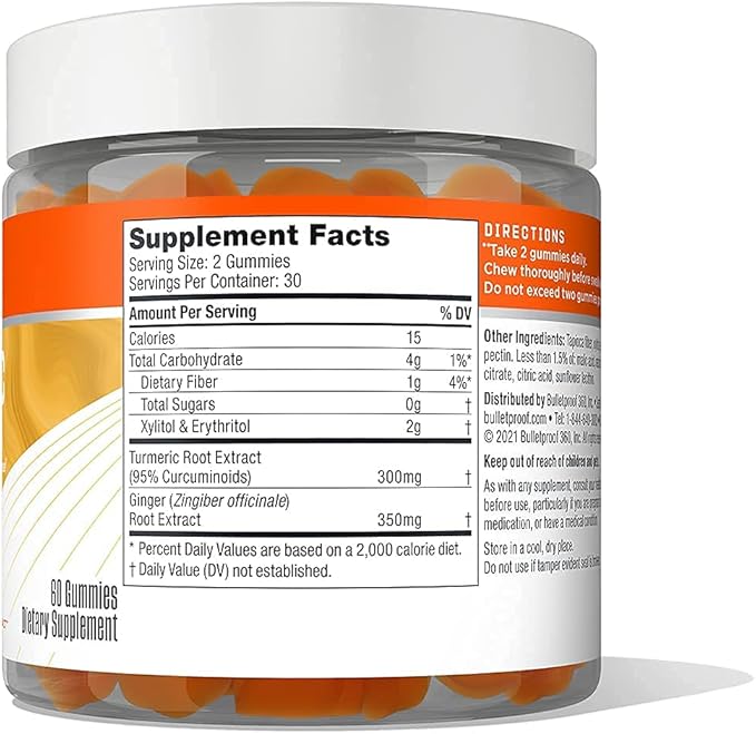 Bulletproof Vitamins A+D+K, 60 Sugar-Free Gummies, Strawberry Orange Flavor |Turmeric Sugar-Free Gummies, 60 Count, Peach Ginger