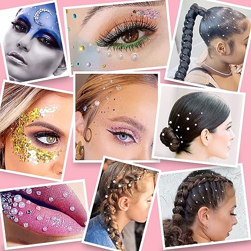 Hair Face Gems Rhinestones with Makeup Glue, Flat Back Colorful Jewels Crystal Half Round Pearl Gold Holographic Glitters Sequins Kit, Wax Pencil Tweezer and Brush for Face Eye Hair Body Makeup