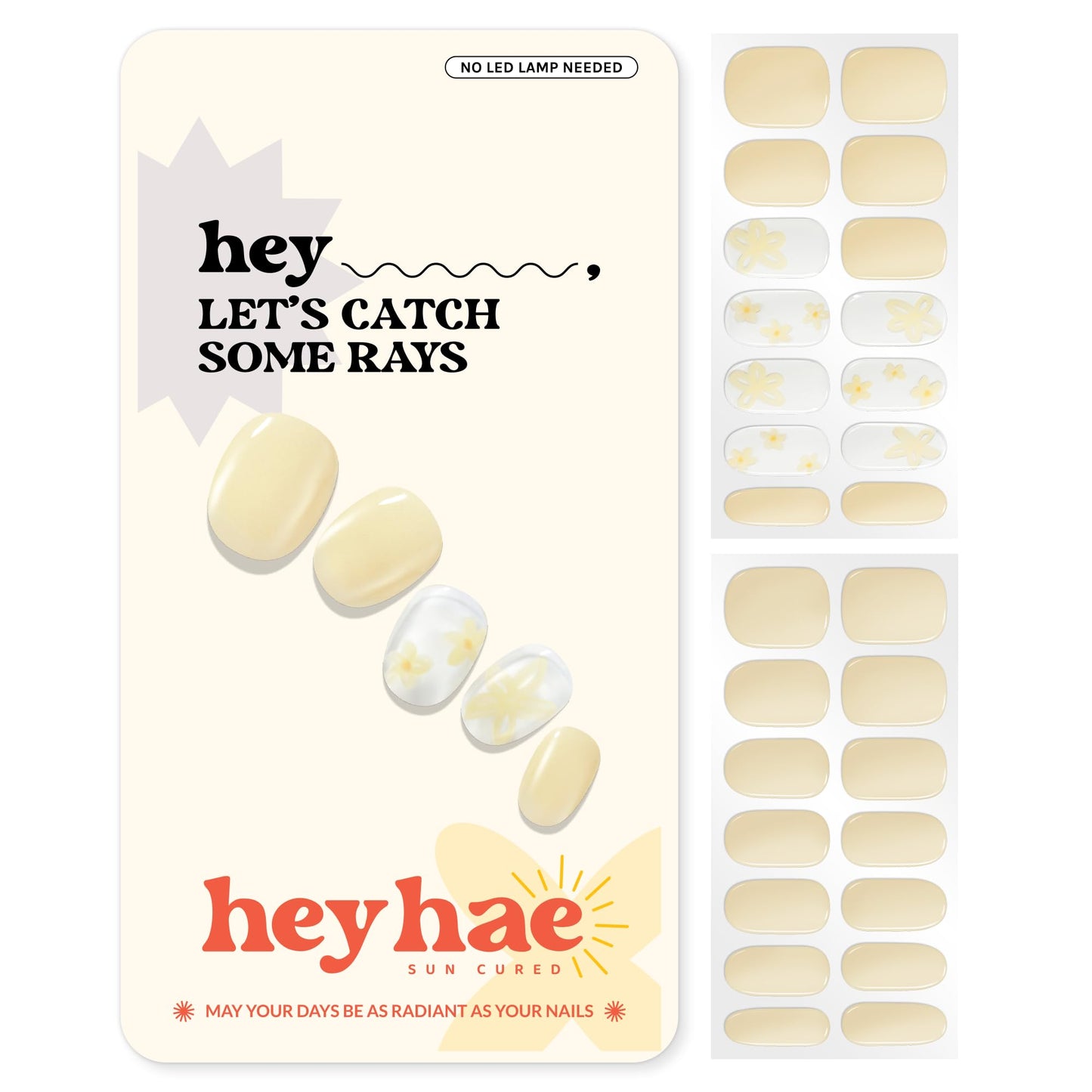 Heyhae Semi Cured Gel Nail Strips | Sun Cured No LED Lamp Needed Easy Apply & Remove | Includes 28 Strips, 1 Prep Pad, 1 Nail File & 1 Wooden Stick - Hey, Let's Catch Some Rays