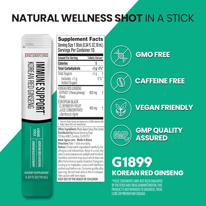 JungKwanJang Korean Red Panax Ginseng (800mg) and Elderberry (469mg) Immune Support Everytime Extract Sticks, Antioxidant Supplement for Immunity and Daily Wellness, 10 Count