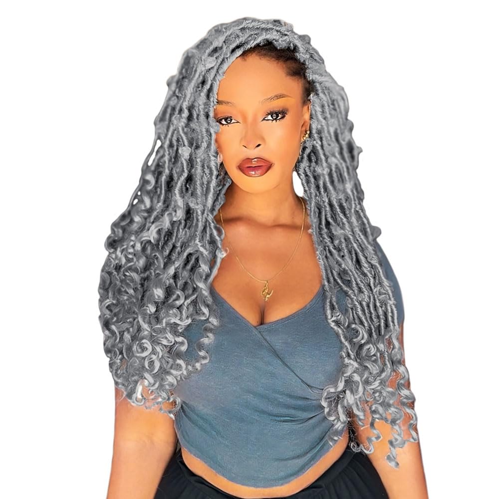 Crochet Butterfly Locs with Curly Ends 30 Inch, Boho Distressed Butterfly Locs Crochet Hair, Gray Bohemian Goddess Faux Butterfly Braids with Curly Ends (6 Packs, Gray)