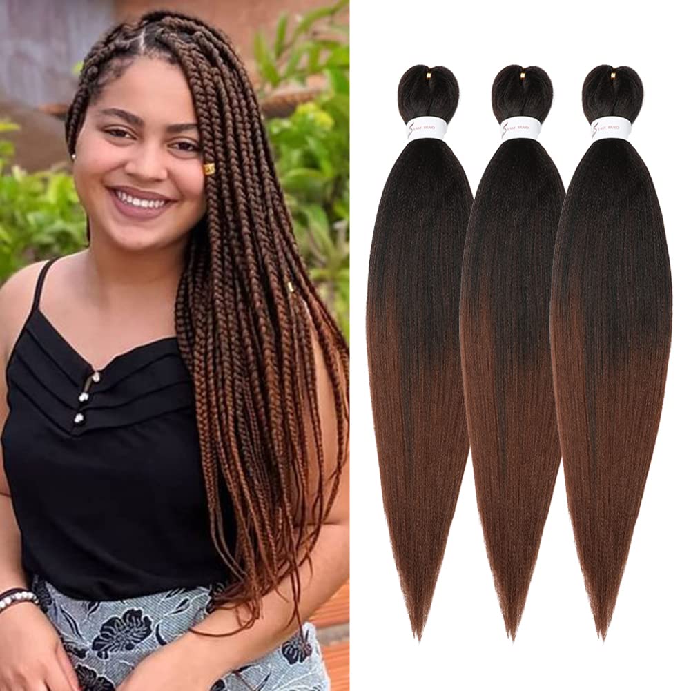 Braiding Hair Pre Stretched 24 inch 3 Packs Ombre Braiding Hair Professional Yaki Synthetic Hot Water Setting, Easy To Install Hair for Braiding Brown(24in,1B/30)