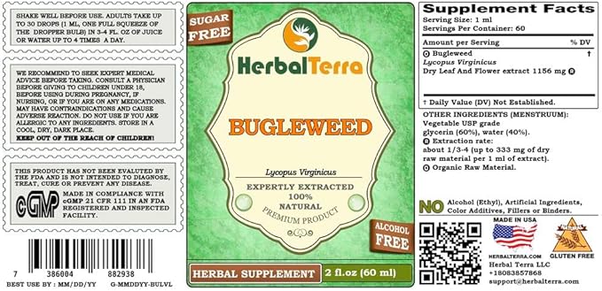 Bugleweed (Lycopus Virginicus) Glycerite, Organic Dried Leaves and Flowers Alcohol-Free Liquid Extract 2 oz