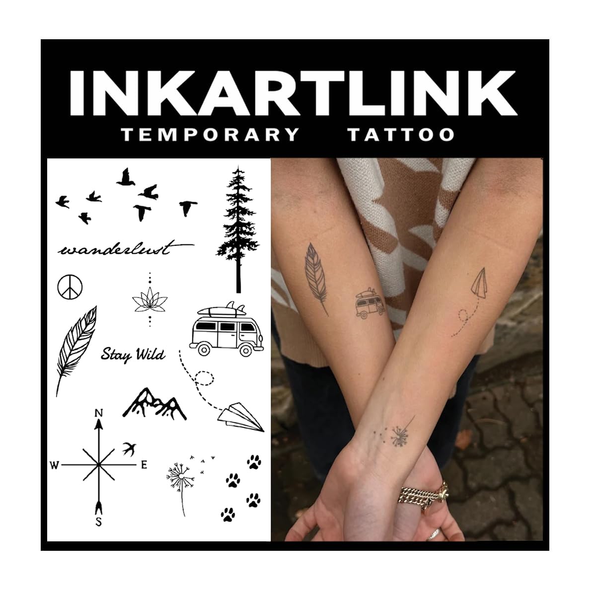 INKARTLINK 2 Sheets Extra large Semi Permanent Tattoos, temporary tattoos, adult art designs, waterproof, realistic, no adhesive, no reflective, lasts 1-2 weeks (Compass, Feather, Car)