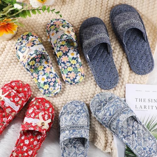 Chuarry 10 Pairs Floral Cotton House Slippers for Guest Women Washable Indoor Cotton Slippers Open Toe for Hotel Travel Airplane Spa, 2 Sizes
