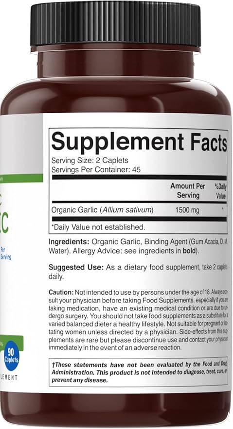 Brieofood Organic Garlic 1500mg, 45 Servings, Vegetarian, Gluten Free, 90 Vegetarian Tablets