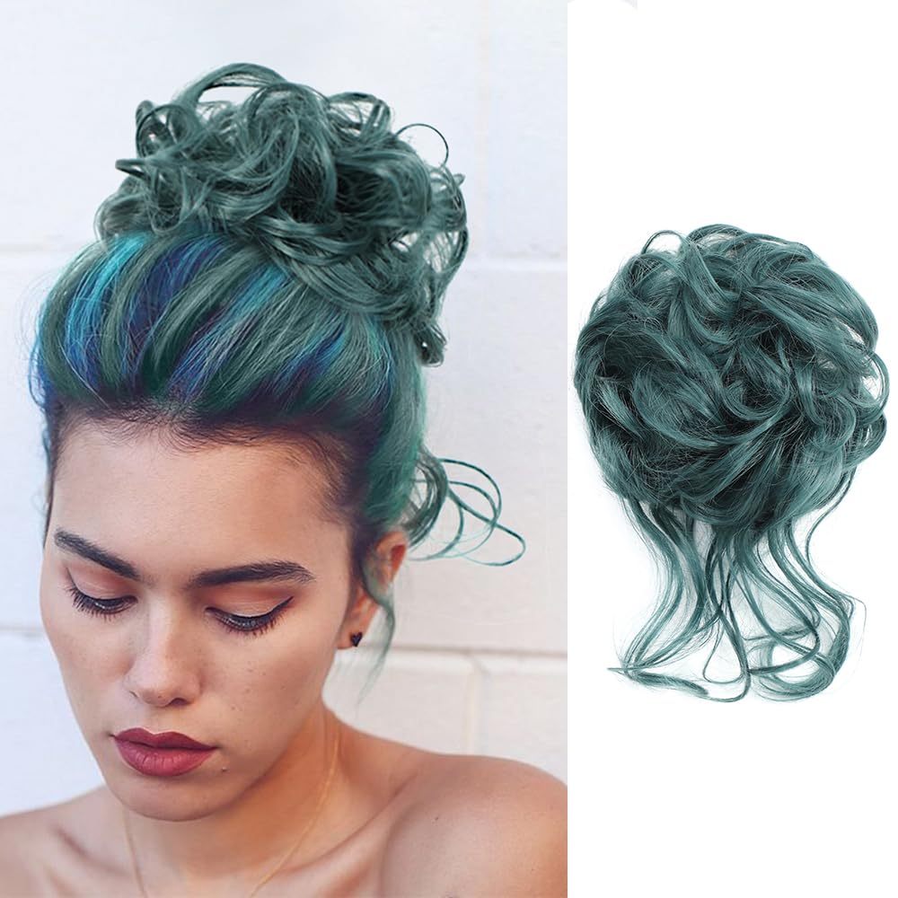 KETHBE Messy Bun Hair Piece Tousled Updo Hair Buns Extension Elastic Hair Band Hair Pieces Curly Hair Bun Scrunchie For Women (Peacock Green)