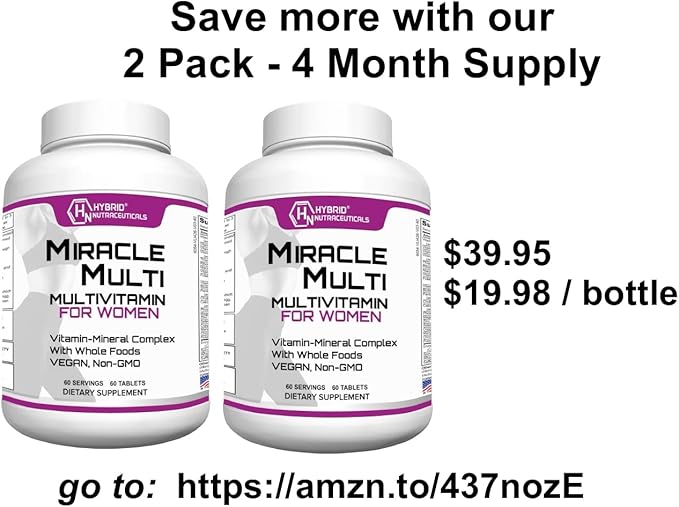 Hybrid Nutraceuticals MiracleMulti Women Multivitamin with Probiotics, Biotin, Folic Acid, Enzymes + Fruit & Vegetable Blend - Immune Support, Heart Health, Energy: 60 Servings (Non-GMO)