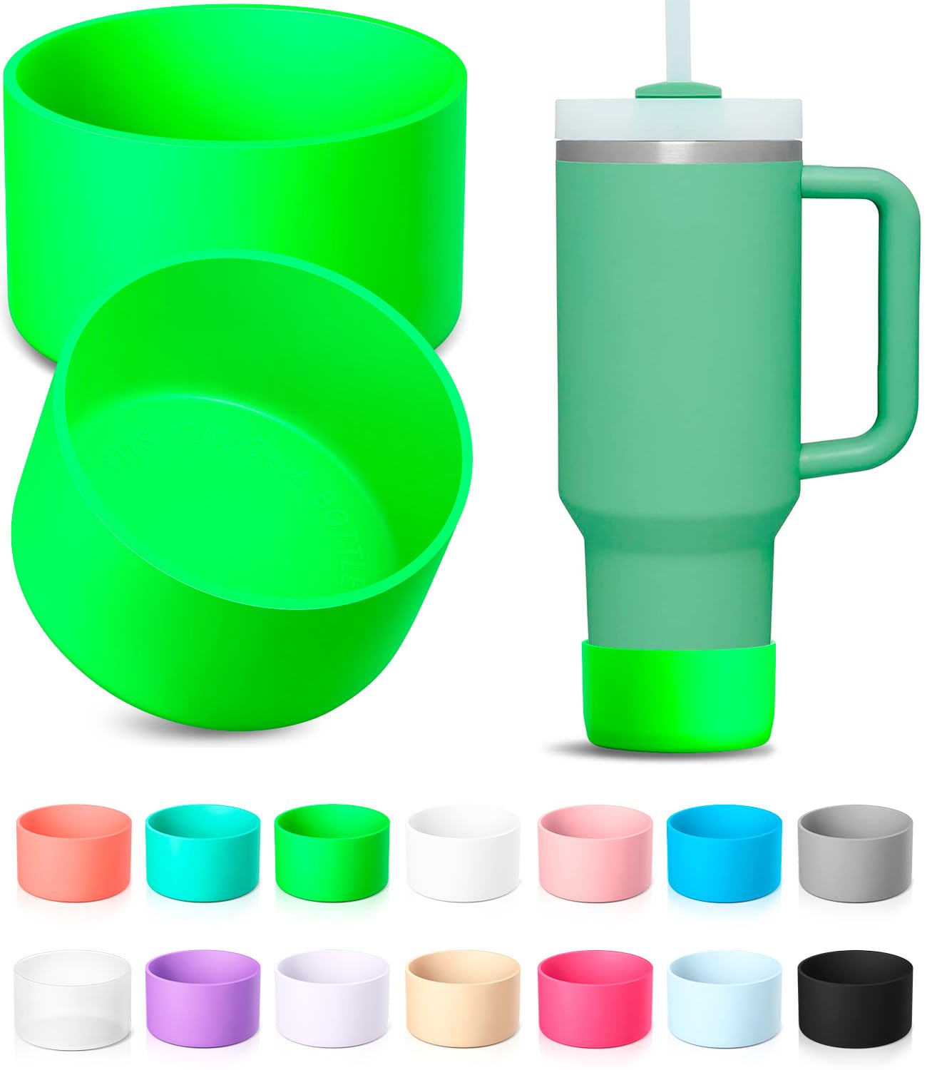 KTKUDY 2Pcs Silicone Boot for Stanley Quencher Tumbler H2.0 30 oz 40 oz & IceFlow 20 oz 30 oz & Intended for Hydro Flask Water Bottle 12-24 oz - Cup Bottom Accessories Fits Stanley Cup, Green