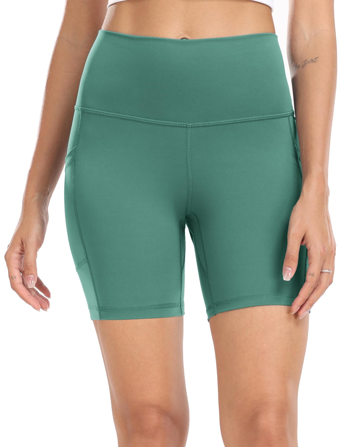 Colorfulkoala Women's High Waisted Biker Shorts with Pockets 6" Inseam Workout & Yoga Tights (XS, Smoky Green)