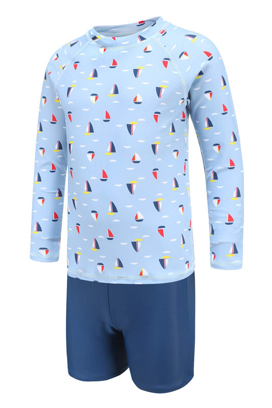 Boys Long Sleeve Rash Guard Swim Trunk Swimsuits Kids Sun Protective Sunsuits Swimwear Set Sailing Boat Size 8/8-10