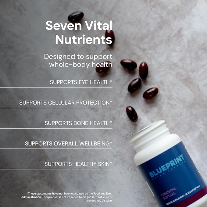 Blueprint Bryan Johnson Essential Softgel Supplement - Lutein, Zeaxanthin, Lycopene, Vitamin K1 & K2 MK-7 & MK-4 - Optimal Vision, Bone Support - Vegan, All Ages (30 Servings)