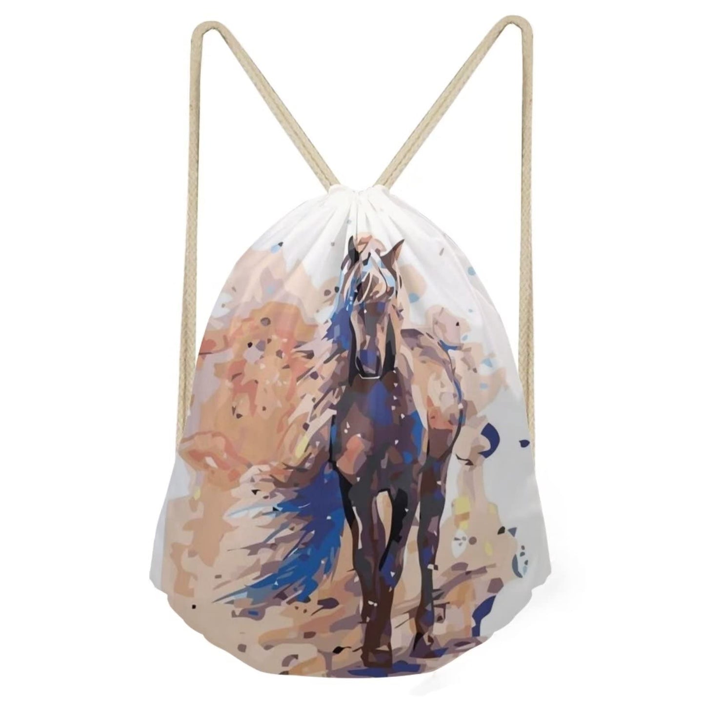 COEQINE Painting Horse Print Gym Drawstring Bag for Travel Outdoor Sport Sack Lightweight String Bag School Backpack for Women Girls Teen,Brown